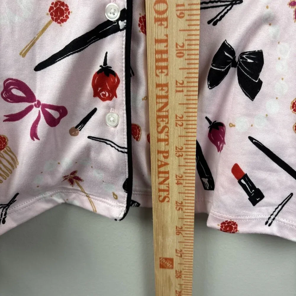 Kate Spade S Pajama Top Pink Long Sleeve Button Lipstick Bow Makeup (no Pants)
